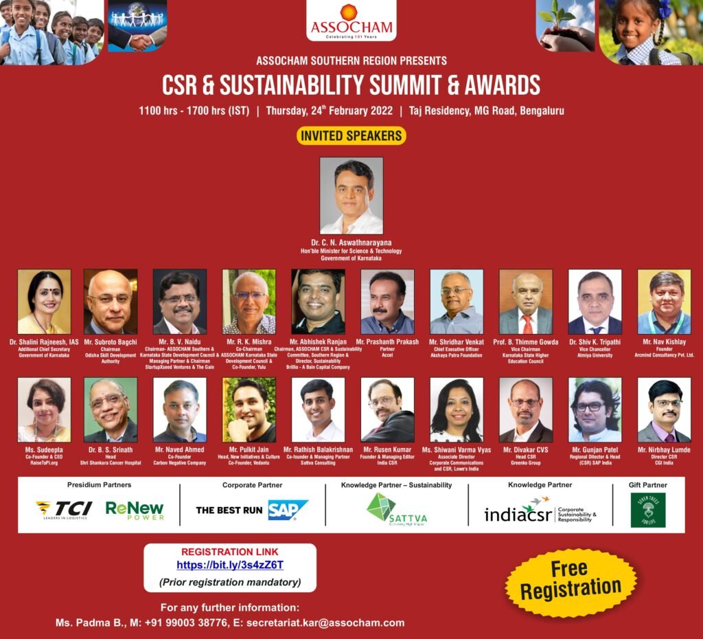 ASSOCHAM CSR & Sustainability Summit On Feb 24 In Bengaluru - India CSR