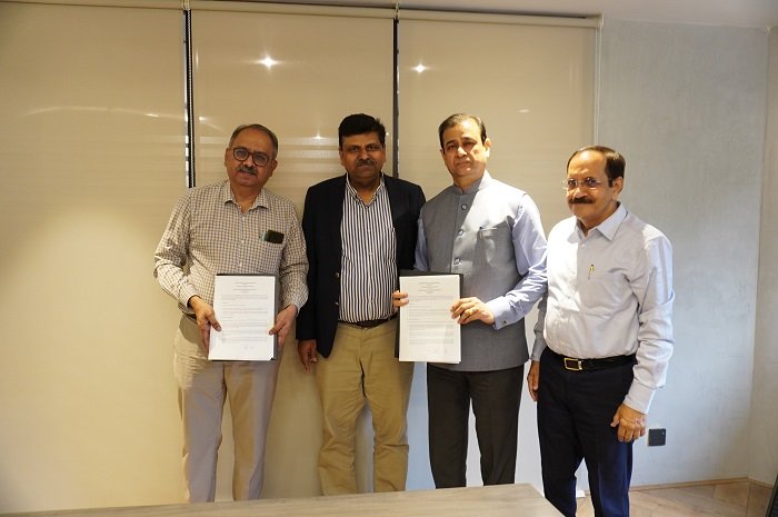 Photo: (From left) The Dean of Alumni Relations, IIT Delhi, Prof P. V. Madhusudhan Rao; Dr Pawan Singh, Managing Director and CEO of PFS; Shri V.S. Bisht, Executive Director, PFS; and Vinod Pande, Advisor-CSR, PFS, at the signing.