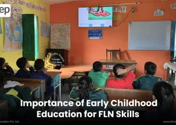 An image depicting FLN (Foundational Literacy and Numeracy) content in a smart classroom as part of early childhood education.