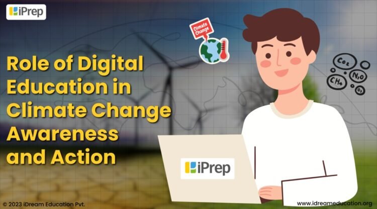 A graphic representing role of digital education in fostering climate change awareness and action. Elements in image symbolize education, technology, and environmental sustainability.