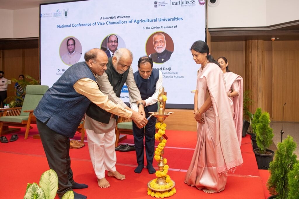 Dr. R.C. Agrawal – Deputy Director General, Agricultural Education ICAR; Rev. Daaji – Guide of Heartfulness & President of Shri Ram Chandra Mission; and Dr. Himanshu Pathak – Secretary, DARE & Director General lighting the lamp during the inaugural National Conference of Vice Chancellors of Agricultural Universities held at Kanha Shanti Vanam on Friday morning.