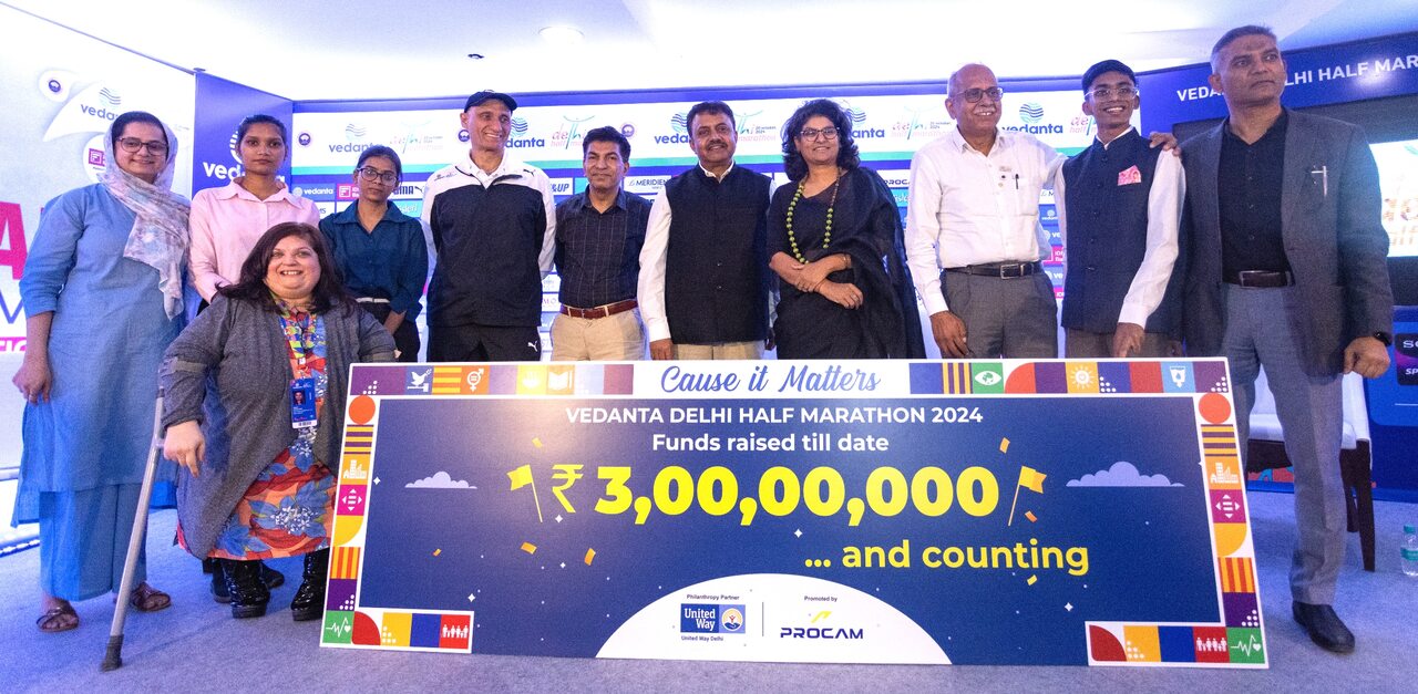 At the Vedanta Delhi Half Marathon 2024, Philanthropy Meet & Greet press conference (L-R) Sania Khan, Archana Gupta, members of the Etasha Society, alongside Vivek Singh, Jt. MD, Procam International, Deepak Sharma; Sanjay Bhatia AVP CSR Genpact India; Dr Sujeet Ranjan CEO of United Way Delhi; Parul Mehra Chief Projects & Corporate Affairs, ETASHA Society, Highest Fundraising NGO; Deepak Sharma Trustee, Udayan Care, Highest Individual Fundraiser; Jason Joshua Moses Runner (10K) & fundraising for Mohan Foundation; Khurram Naayaab, General Manager, CSR &  Head - Operations, Project Nand Ghar.