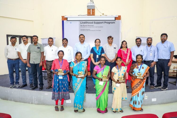 Photo: Seen in the picture are senior officials from Hyundai Motor India Limited along with Dr. Thirumaran - Assistant Director, Animal Husbandry Department, Kancheepuram District, and Konda Radha Krishnan, COO, Hand in Hand India, at the felicitation ceremony of 200 women beneficiaries from Hyundai Motor India Foundation’s Livelihood Support Program. Till date, through this initiative, HMIF has enabled 453 beneficiaries generate cumulative income upwards of INR 6.30 Crore, across 5 districts namely Vellore, Tiruvannamalai, Kancheepuram, Tiruvallur and Ranipet in Tamil Nadu.