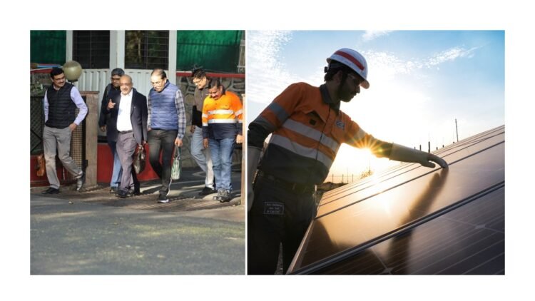 Photo: Left - Hindustan Zinc's senior management, led by CEO Arun Misra, walks to work on No Vehicle Day Right - Hindustan Zinc employee stands near a solar panel installed at Rampura Agucha Mine