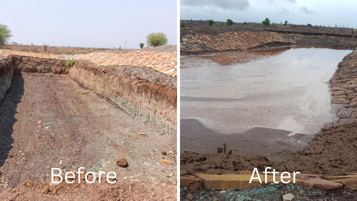 Community Pond in Baran, Rajasthan to Store 7 Lakh Litres Rainwater 1 Before- after -The newly constructed farm pond begins to collect water, paving the way for irrigation support and groundwater recharge