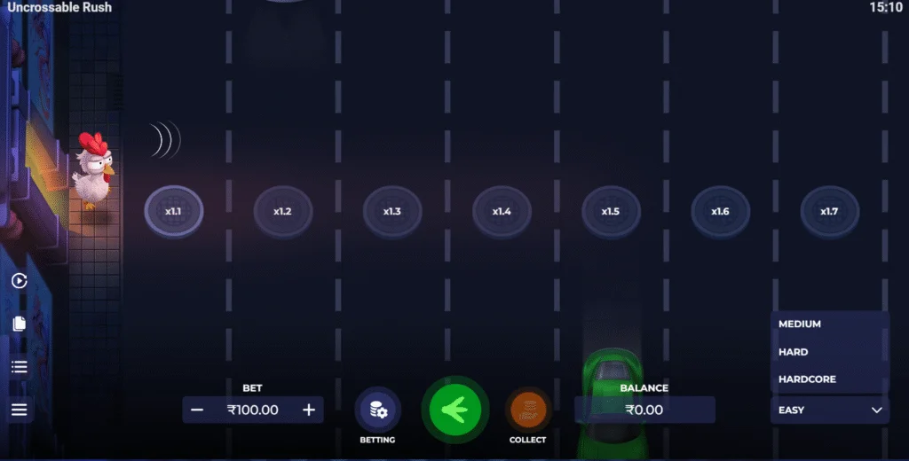 Uncrossable Rush game screen showing a chicken at the starting line with multiplier lanes and difficulty options on FOMO7.