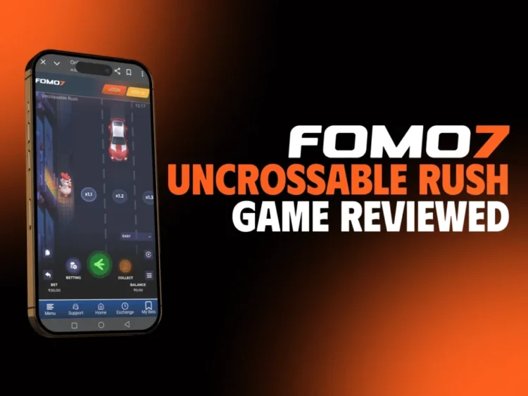 FOMO7 promo image showing Uncrossable Rush gameplay on a mobile screen with a chicken crossing lanes and betting options.