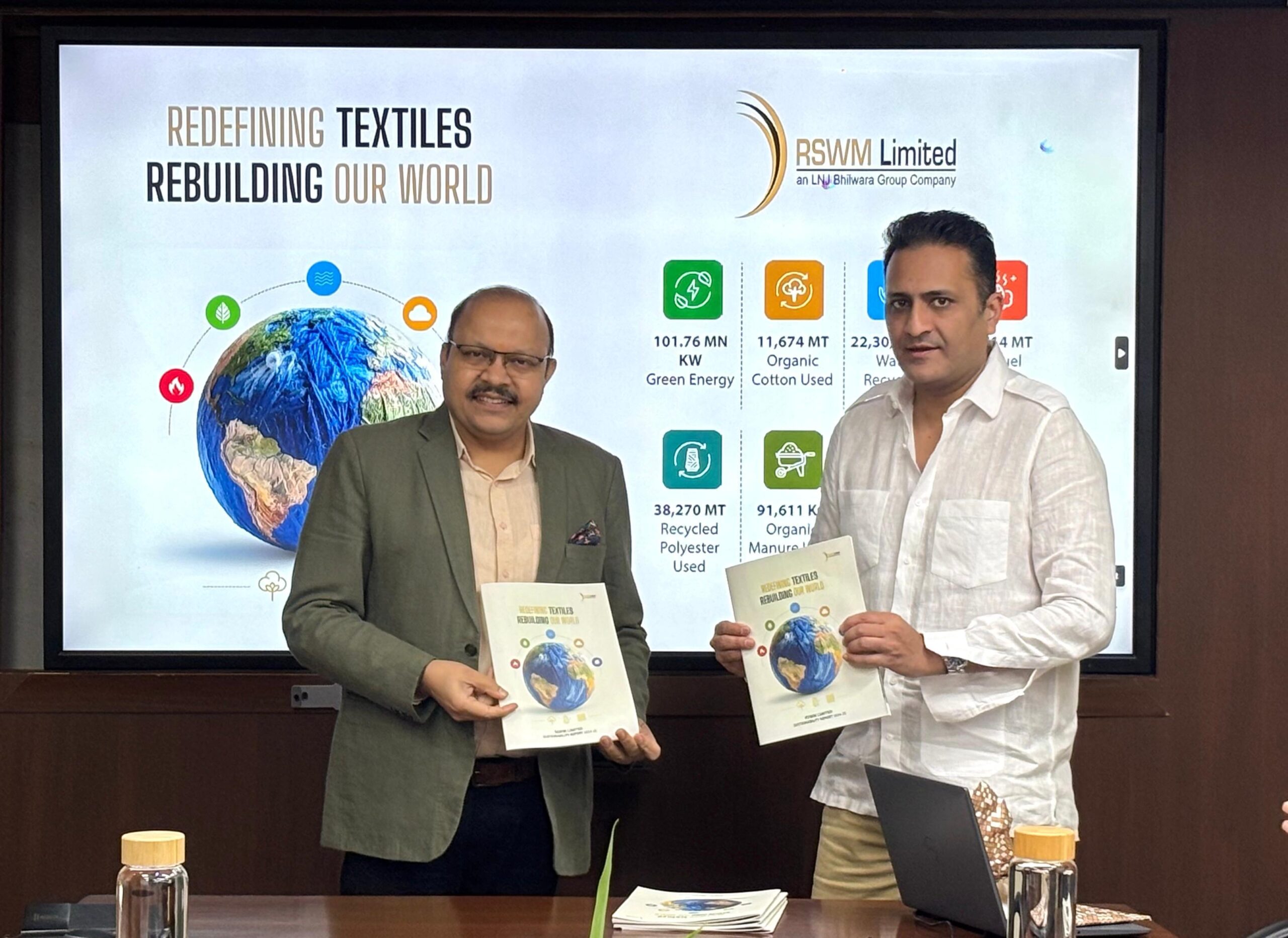 RSWM Releases Sustainability Report FY2024-25 with Record Green Milestones 1 Riju Jhunjhunwala, Chairman & Managing Director and CEO, and Rajeev Gupta, Joint Managing Director releasing the report