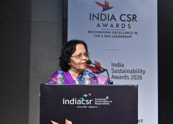 Dr. Leena Deshpande, Head of Corporate Social Responsibility at Bharat Forge Limited, delivering the keynote address at the 16th India CSR Summit & Awards in New Delhi. Photo © India CSR