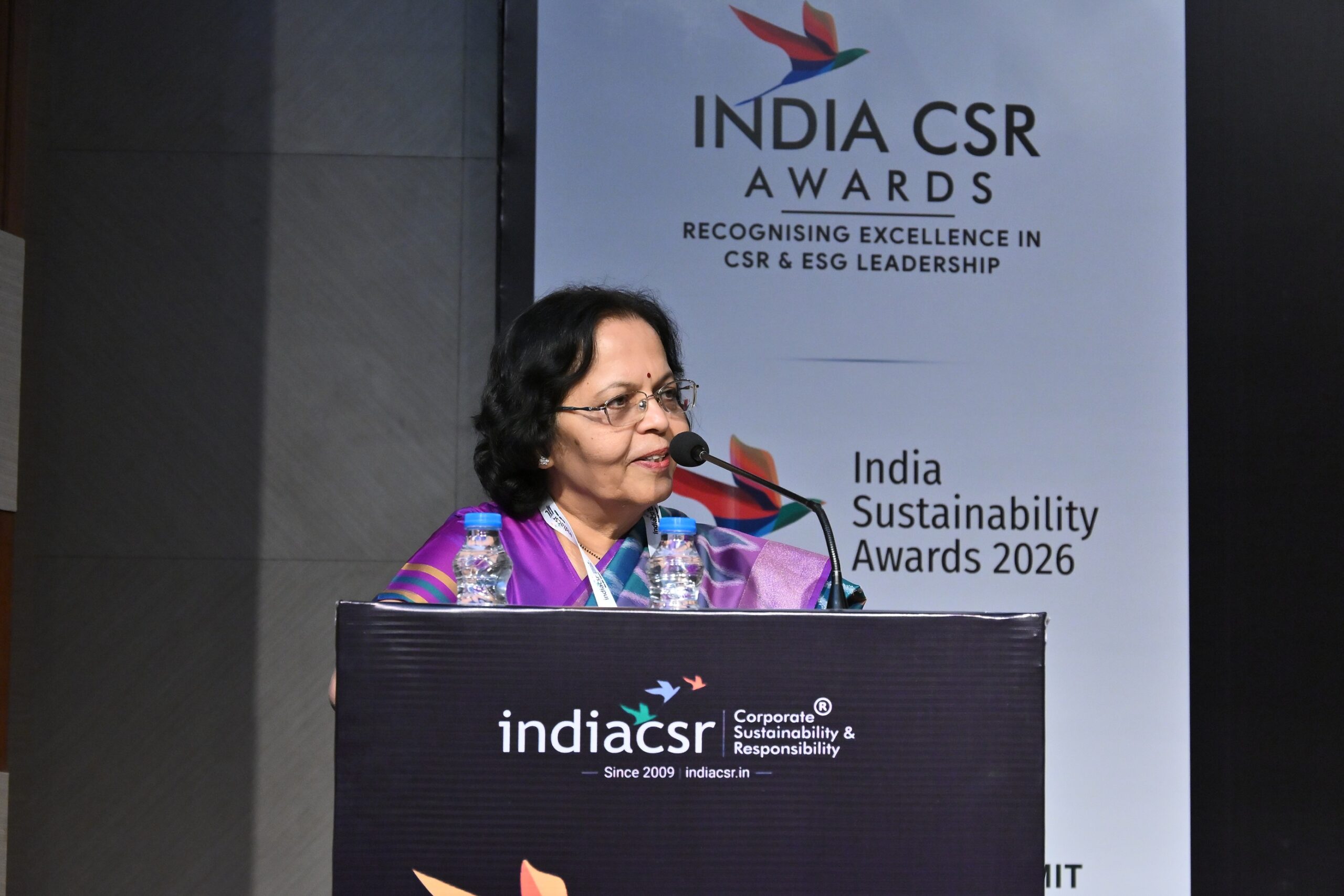Dr. Leena Deshpande, Head of Corporate Social Responsibility at Bharat Forge Limited, delivering the keynote address at the 16th India CSR Summit & Awards in New Delhi. Photo © India CSR