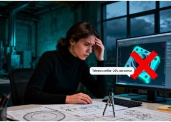 Engineer frustrated by CNC machining design error causing cost overrun on computer screen