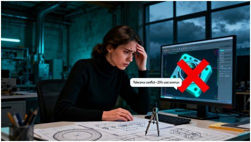Engineer frustrated by CNC machining design error causing cost overrun on computer screen