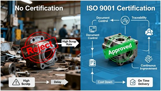 Infographic comparing chaotic manufacturing without ISO 9001 certification vs. streamlined process with certification benefits.