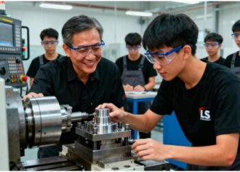 An experienced mentor from LS Manufacturing guides a young apprentice operating a CNC milling machine in a bright, modern training workshop, highlighting skills development and community investment.