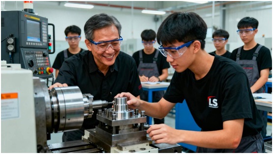 An experienced mentor from LS Manufacturing guides a young apprentice operating a CNC milling machine in a bright, modern training workshop, highlighting skills development and community investment.