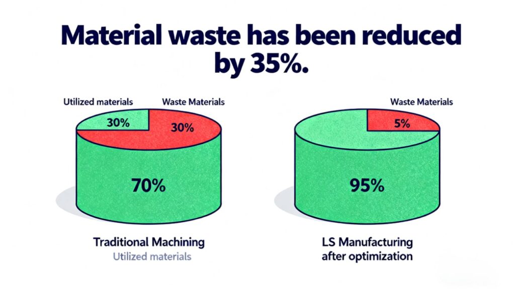 Bar chart comparing material utilization: 70% in traditional CNC machining vs. 95% with LS Manufacturing's optimization, reducing waste by 35%.