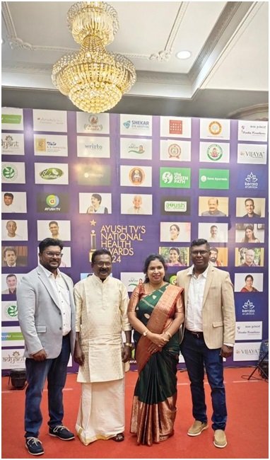 Vijaya Ayurvedics Ushers in a New Age of Holistic Living 1 Photo: From Left to Right: Dr. Jithin Das, Vijayan Vaidyar, Dr. Subha Rani, and Dr. Vipin Das proudly receiving Ayush TV’s National Health Award 2024