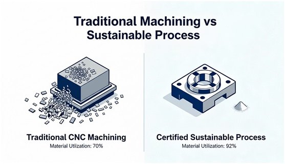 Cut 35% Material Waste: How Certified CNC Machining Builds a Greener Supply Chain for Manufacturers 1 Diagram comparing 70% material utilization in traditional CNC machining versus 92% in certified sustainable processes.