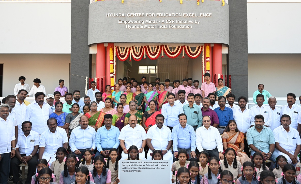Photo Caption: Hyundai Motor India Foundation today handed over the ‘Hyundai Center for Education Excellence’ at Government Higher Secondary School, Thandalam to the School Management Committee and Thandalam Village Panchayat in Kancheepuram. Thiru T.M. Anbarasan, Honourable Minister for Micro, Small and Medium Enterprises (MS&ME), Government of Tamil Nadu, inaugurated the new academic block in the presence of HMIF Trustees, other dignitaries and students.