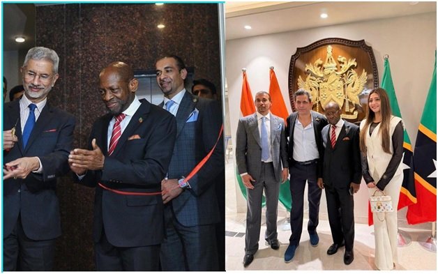 Hon. Dr. S. Jaishankar, MEA, India; Rt. Hon. Dr. Denzil Douglas, MOFA , SKN; H.E. HC Gurdip Dev Bath,Special Envoy Sunil Gehani and  Dimple Gidwani.