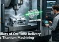 An engineer monitors a digital twin simulation on a tablet next to a 5-axis CNC machine machining a titanium aerospace part, illustrating the integrated system for guaranteed on-time delivery.