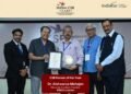 Dr. Aishwarya Mahajan, Managing Trustee and President, M3M Foundation, receives the India CSR Person of the Year Award 2026 in the presence of Dr. Bhaskar Chatterjee, Dr. Jawahar Surisetti, Santosh Rungta and Rusen Kumar at the 18th India CSR Leadership Summit 2026, Rungta International Skills University, Bhilai.