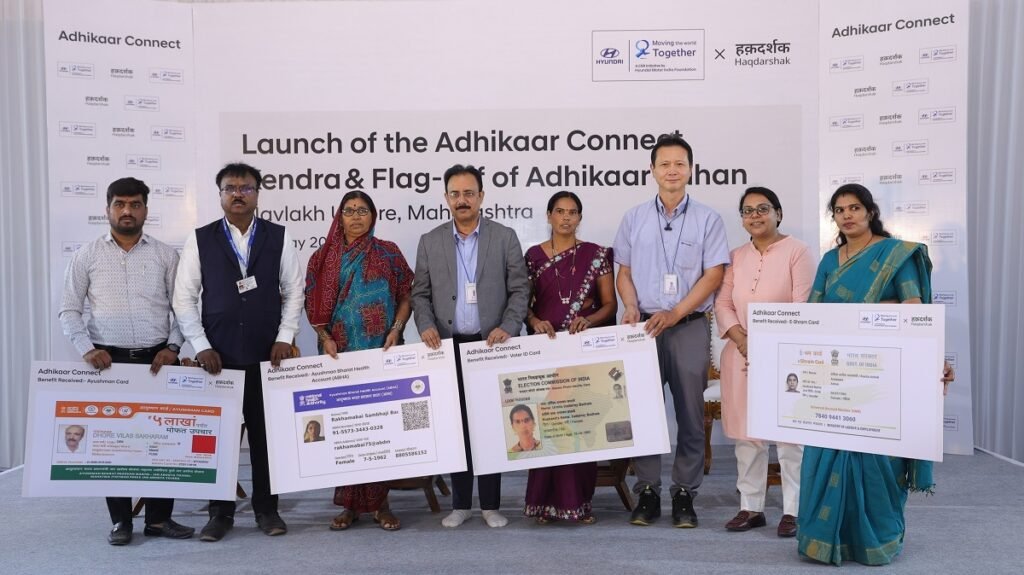 CSR: Hyundai HMIF Expands Adhikaar Connect Outreach in Maharashtra 2 Distribution of benefit certificates to community beneficiaries under Project Adhikaar Connect in Maval, Pune, in the presence of Shyamkumar Singh, Function Lead – HMIL Pune, and Jae IL Lee, Vertical Head – Production General (Pune), reaffirming Hyundai Motor India Foundation’s commitment to enabling last-mile access to welfare entitlements and inclusive community development.
