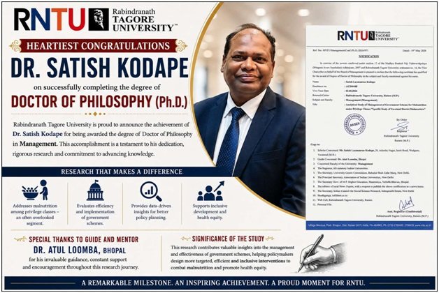 Dr. Satish Kodape Awarded Ph.D. for Research on Government Malnutrition Schemes Among Underprivileged Communities in Yavatmal District 1 India CSR