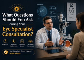 Patient asking questions during an eye specialist consultation
