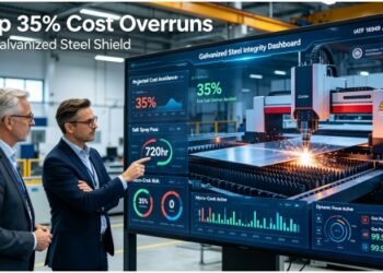 Engineering and quality leaders in a modern command center analyze a real-time dashboard showing 35% cost overrun avoidance, 720hr salt spray validation, and zero micro-crack risk for galvanized steel parts, with live laser cutting footage and dynamic focus data, in a certified IATF 16949/ISO 9001 facility.