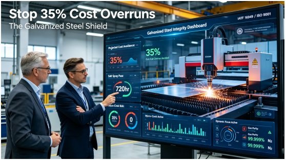 How to Select a Galvanized Steel Laser Cutting Partner: 3 Critical Checks to Avoid 35% Cost Overruns from Early Part Failure 1 Engineering and quality leaders in a modern command center analyze a real-time dashboard showing 35% cost overrun avoidance, 720hr salt spray validation, and zero micro-crack risk for galvanized steel parts, with live laser cutting footage and dynamic focus data, in a certified IATF 16949/ISO 9001 facility.
