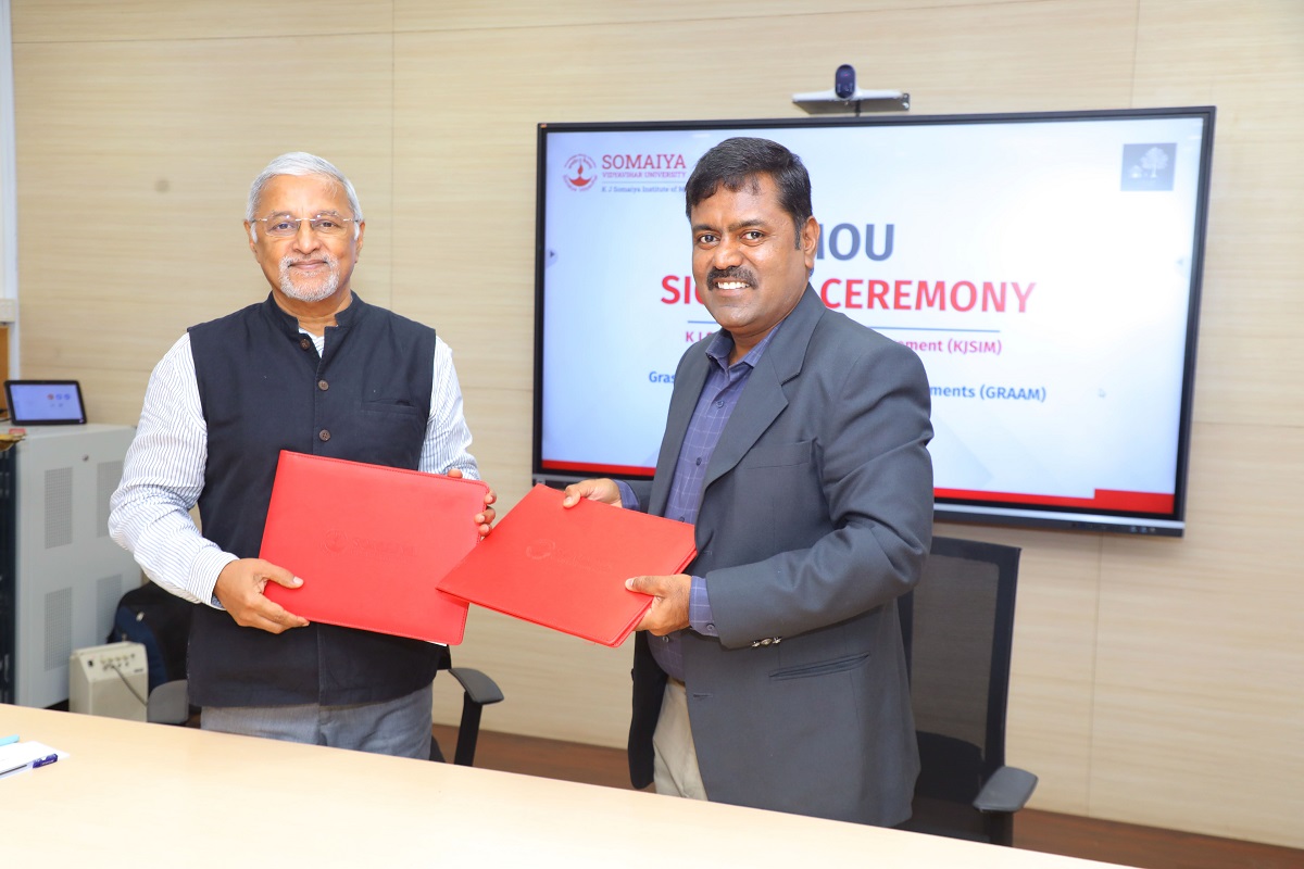 K J Somaiya Institute Signs MoU With GRAAM to Advance Research and Social Impact 1 L-R - Dr. Raman Ramachandran, Director & Dean, KJSIM_ Dr. Basavaraju R. Shreshta, Executive Director, GRAAM.
