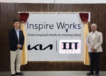 Taehyun Kim, Chief Administrative Officer, Kia India, & Prof. K.N. Satyanarayana, Director, IIT Tirupati, unveiling 'Inspire Works' identity