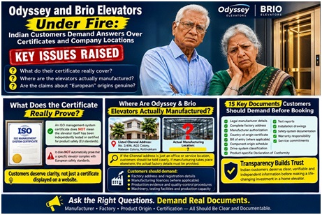 Odyssey & Brio Elevators Exposed! Questions Over Imported Claims, Certificates and Locations 2 India CSR