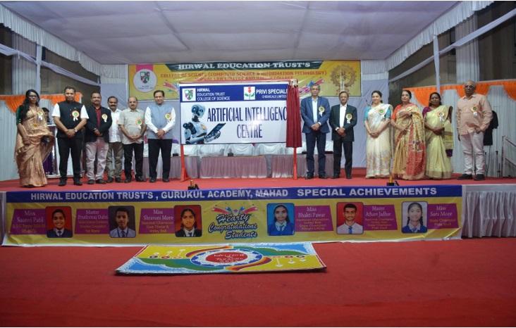 CSR: Privi Speciality Chemicals Enables AI Learning With New Infrastructure in Mahad 1 Inauguration of Al Centre with Ram Surve, Kishor Dharia, Vinod Deshmukh, Parag Helekar, Sonali Dharia, Santosh Butala, Sudhir Sheth, Pradip Sheth, Dr. Sandhya Kulkarni, Principal Sudesh Kadam.