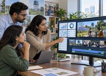 CSR and ESG professionals reviewing verified impact data while producing an AI-generated sustainability video