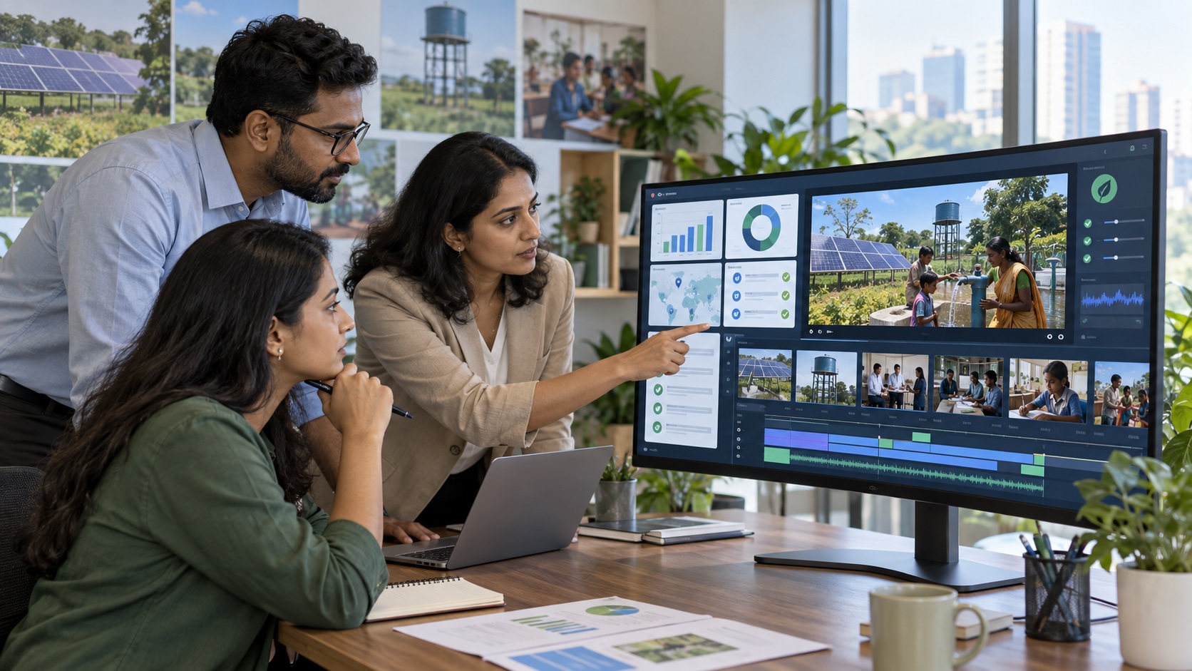 From ESG Data to AI Video: How CSR Teams Can Visualize Impact Without Greenwashing 1 CSR and ESG professionals reviewing verified impact data while producing an AI-generated sustainability video