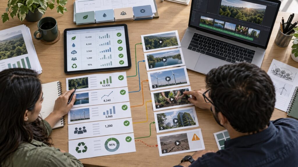 From ESG Data to AI Video: How CSR Teams Can Visualize Impact Without Greenwashing 2 An ESG analyst and video editor linking verified impact metrics to individual AI video storyboard scenes