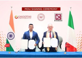 Prof. Giuseppe Gorini and Dr. Dhruv Galgotia sign a five-year pact between University of Milano-Bicocca and Galgotias University to advance academic and research cooperation