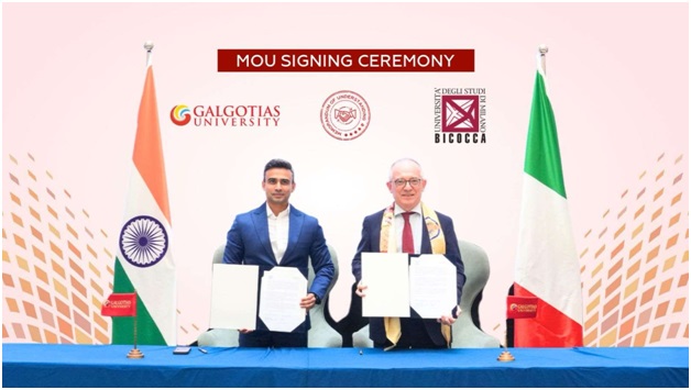 Prof. Giuseppe Gorini and Dr. Dhruv Galgotia sign a five-year pact between University of Milano-Bicocca and Galgotias University to advance academic and research cooperation